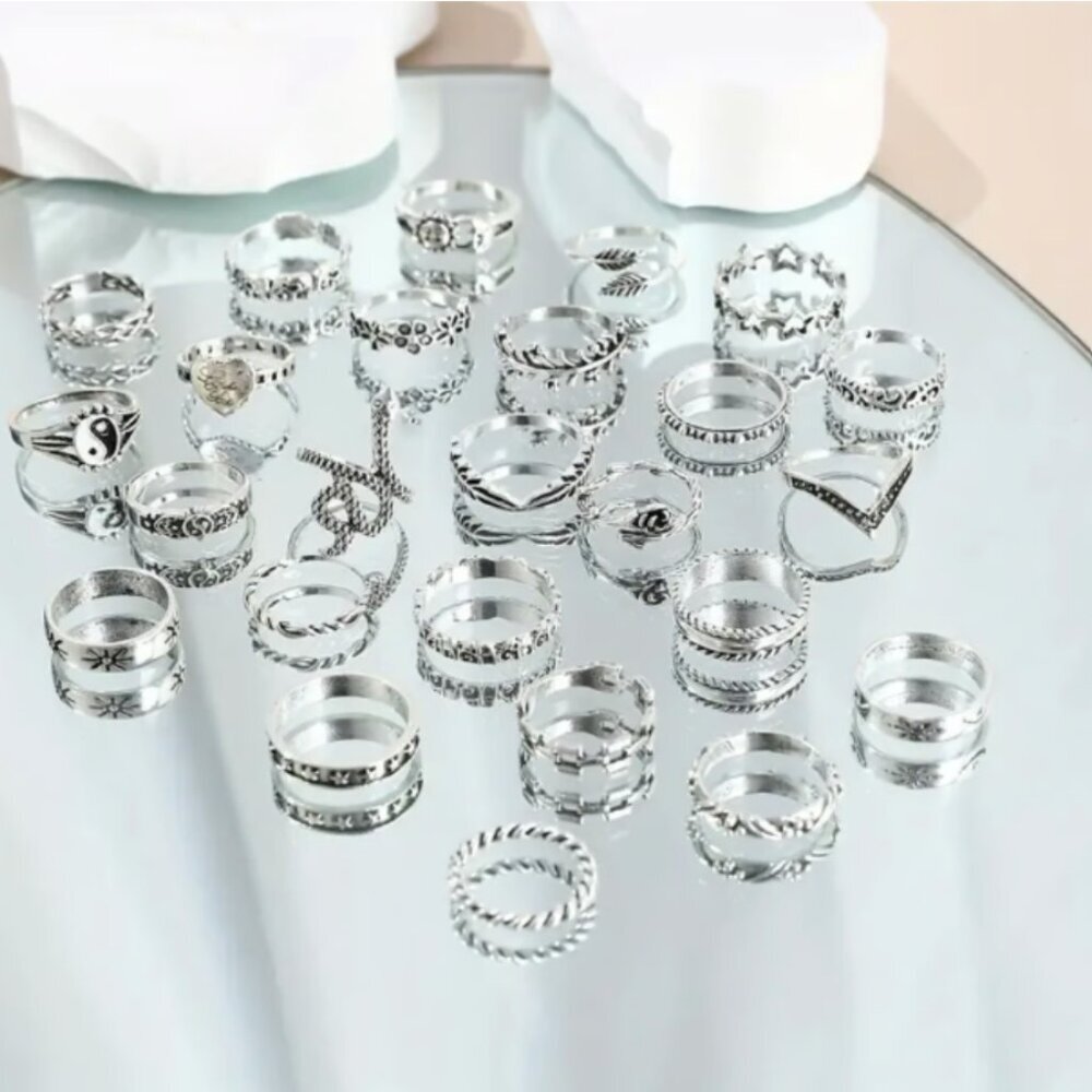 25pcs Silver Stackable Rings – Boho jewelry, Floral, leaf ring & Vintage Designs - Picture 2 of 3